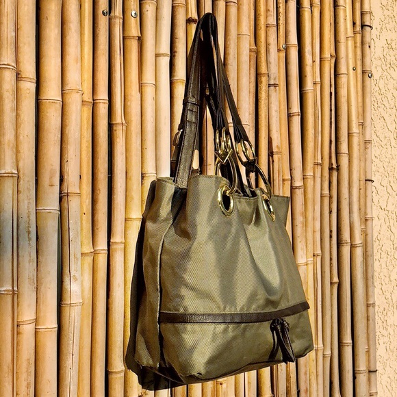 BRACIANO Olive Green Nylon Tote Brown & Gold Trim - Picture 3 of 8